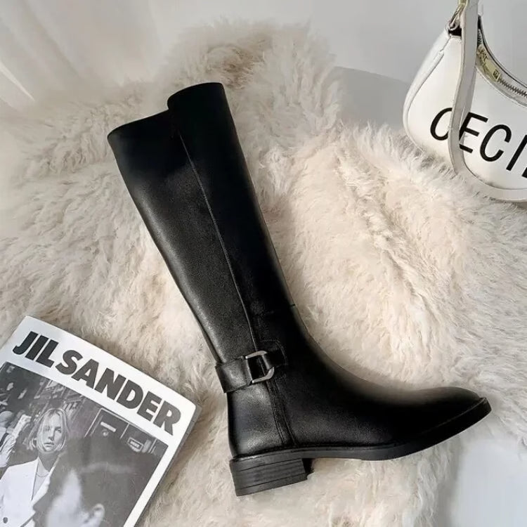 Women's Long Black Knee-High Boots Buckle Detail PU Leather Shoes