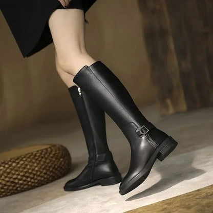Women's Long Black Knee-High Boots Buckle Detail PU Leather Shoes